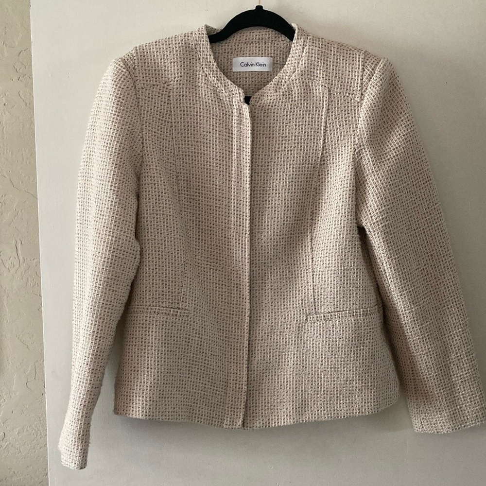 Calvin Klein tan cream neutral twill collarless blazer jacket size 12